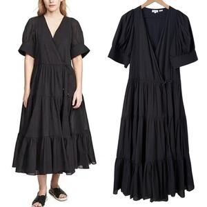 Rhode Black Gina Tiered Wrap Midi Dress 100% Cotton Short Sleeve, Resort Wear, S